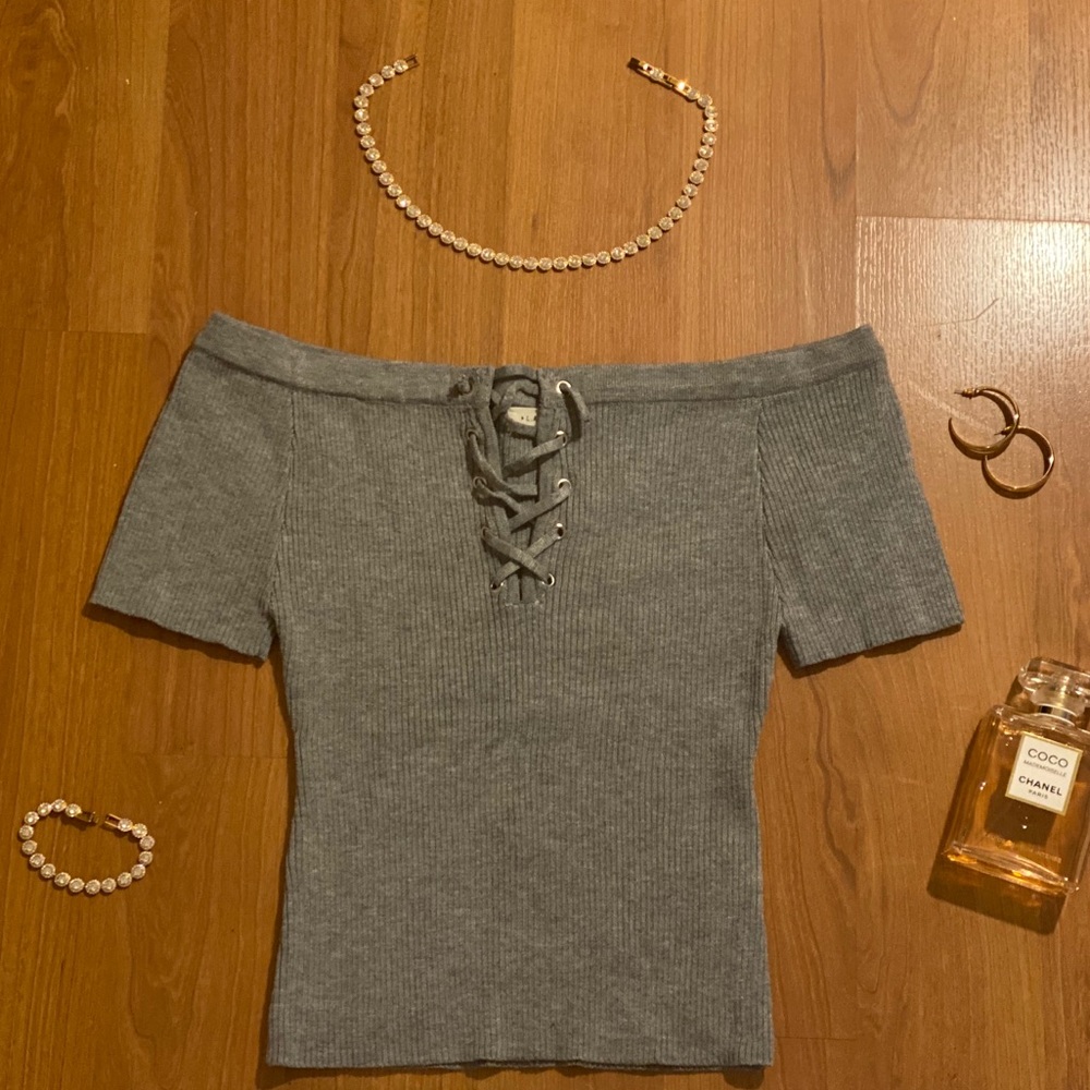 Grey Ribbed Lace-Up Tee (L.A Hearts)